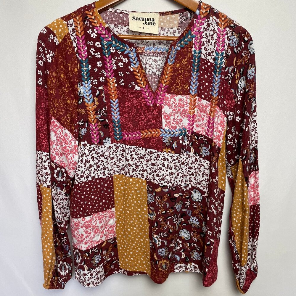 Savanna Jane Womens Floral Top Size S Colorful Embroidered Boho Peasant Blouse